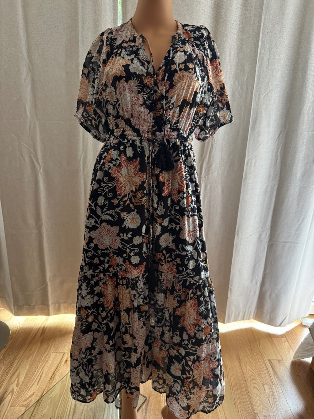 Elan Boho Floral Print Tiered Cotton Lined Maxi Dress Tassel Drawstring M